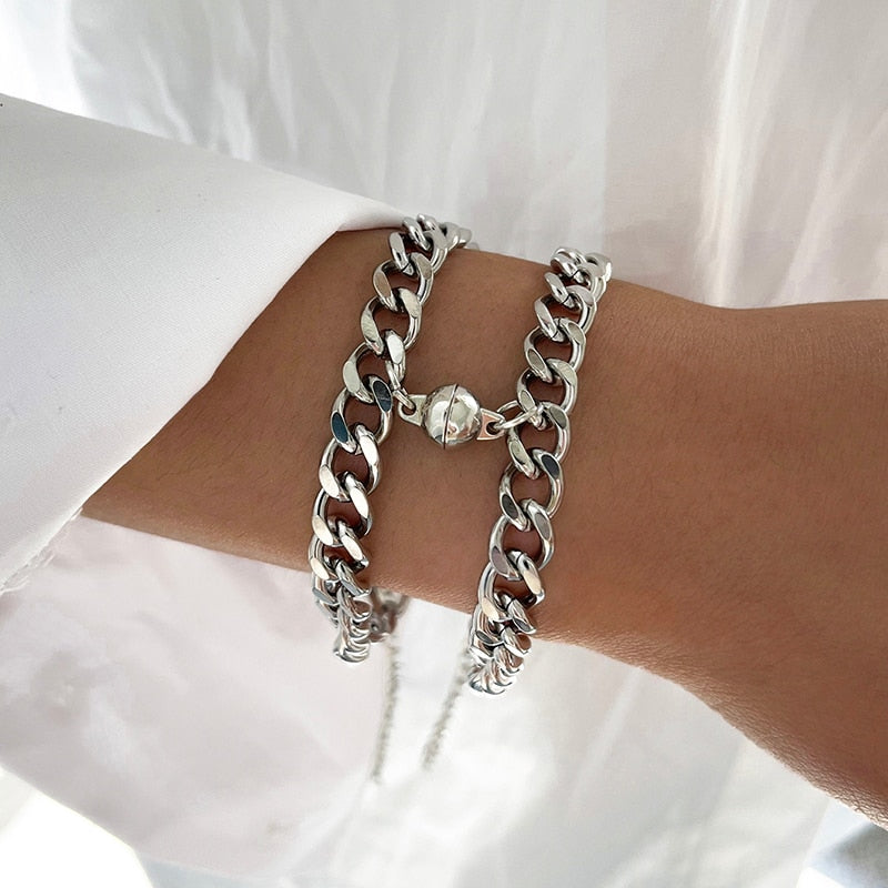 Punk Couple Bracelet Set - Magnetic Silver Chains