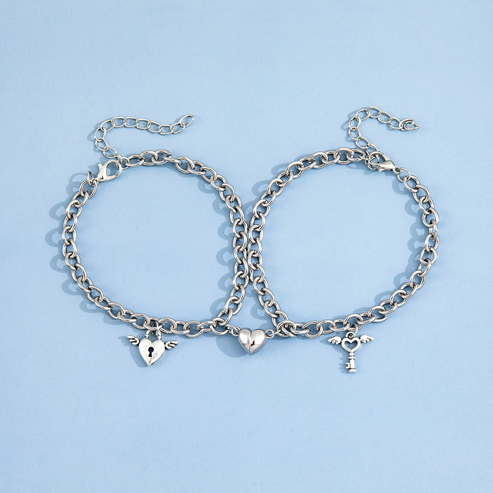 Punk Couple Bracelet Set - Magnetic Silver Chains