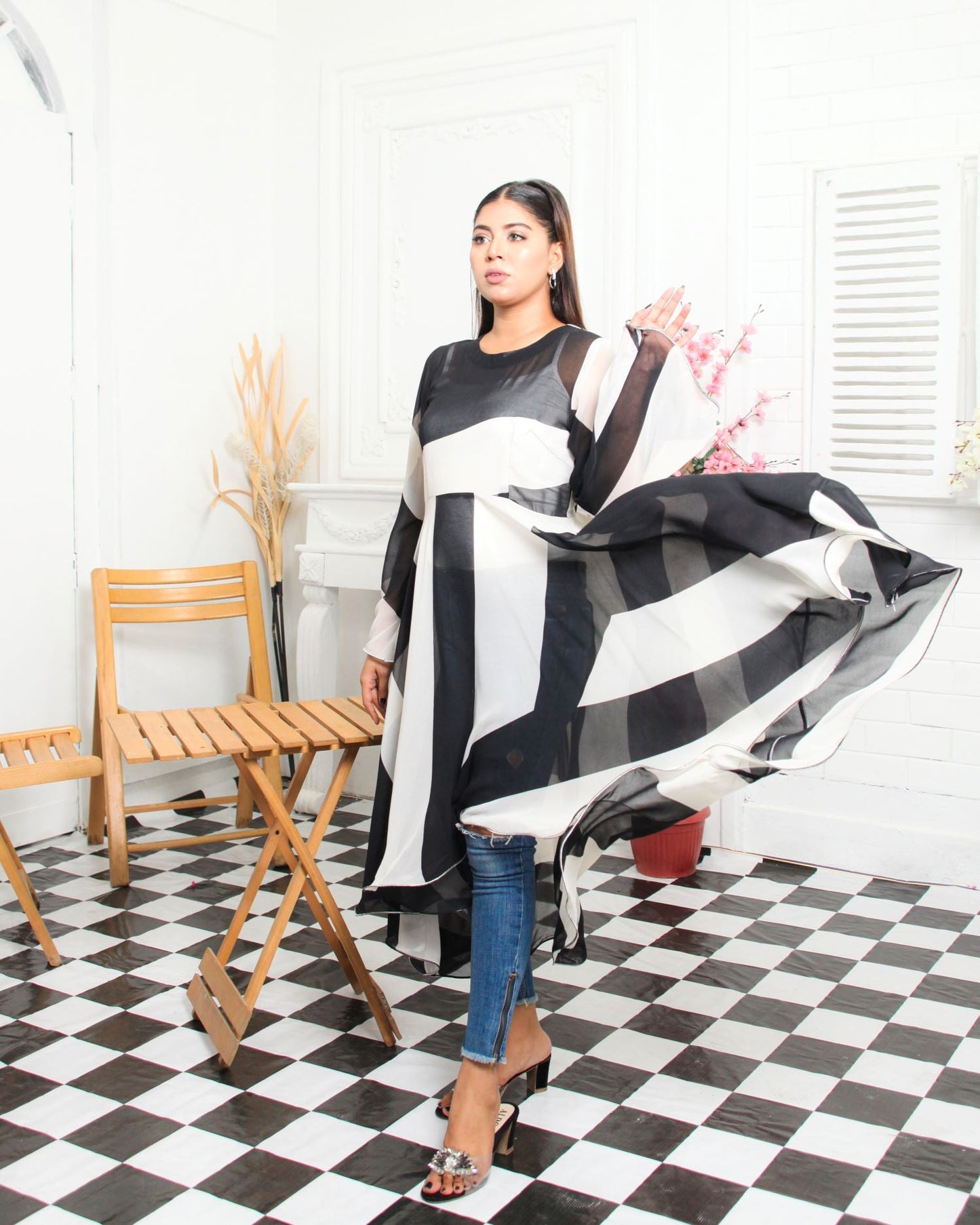 Black and White Chiffon High-Low Frock