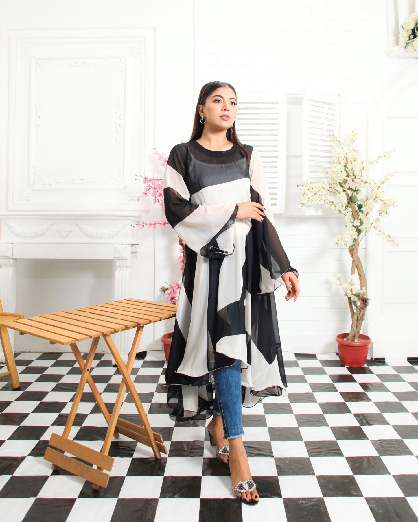 Black and White Chiffon High-Low Frock