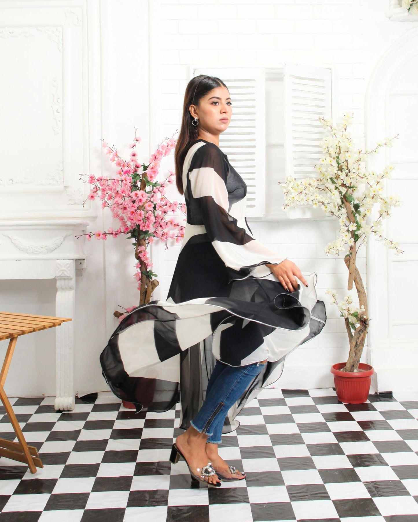 Black and White Chiffon High-Low Frock