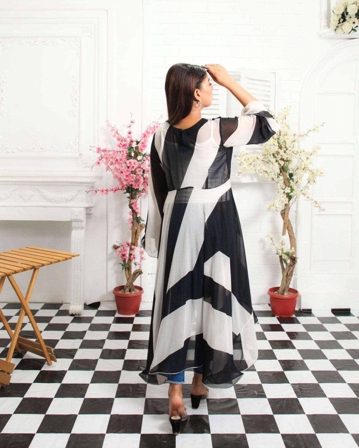 Black and White Chiffon High-Low Frock