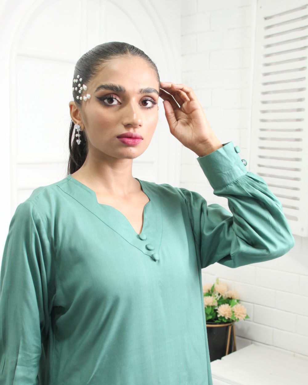 Linen Two-Piece Suit in Turquoise for Women