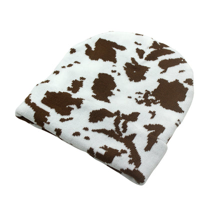 Winter Warm Cow Pattern Knitted Hat For Men And Women Curled Edge Woolen Hat