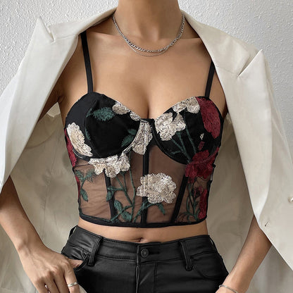 Women's Vest Retro Net Yarn Flowers Embroidered Vest
