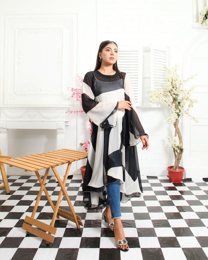 Black and White Chiffon High-Low Frock