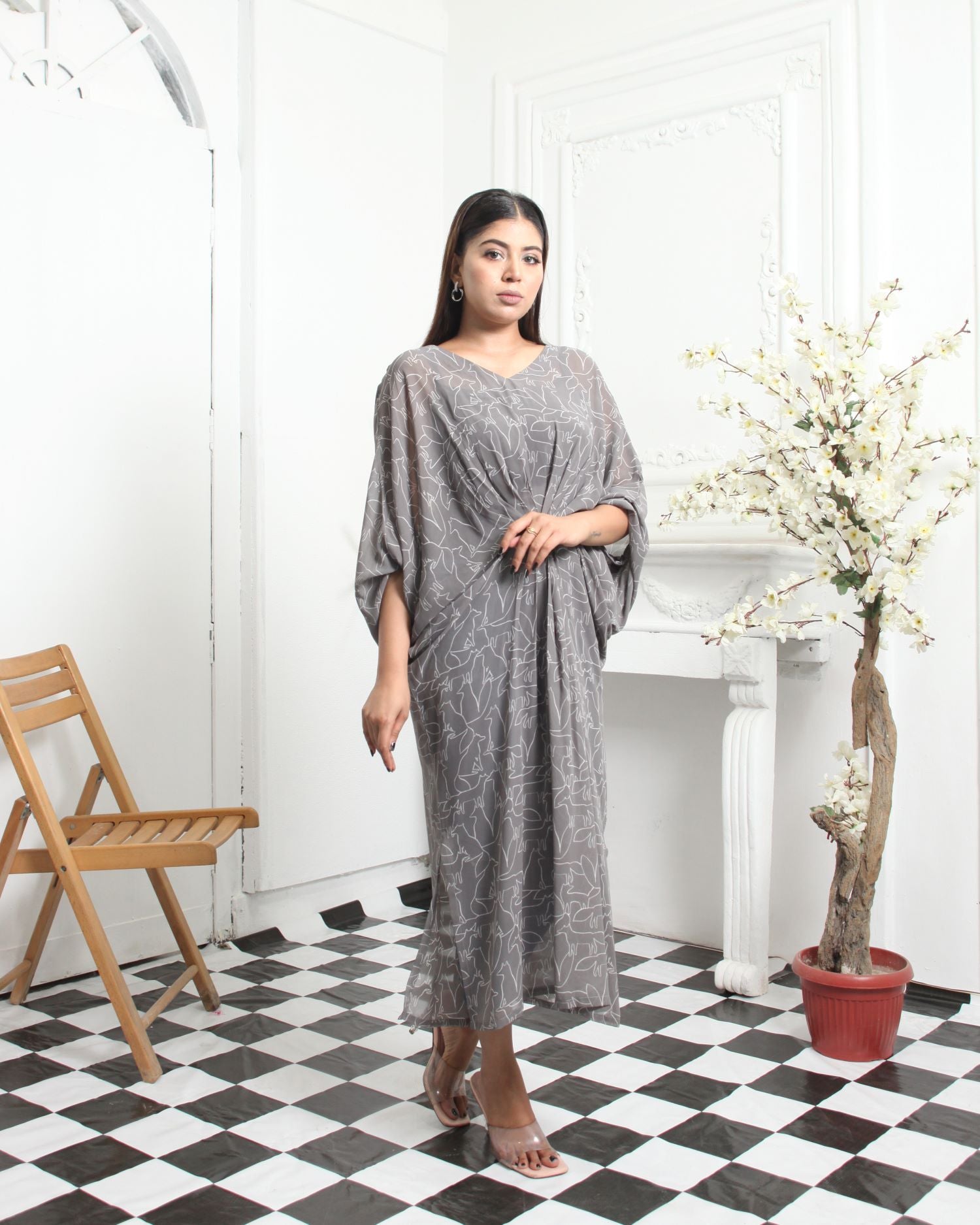 Gray and White Silk Kaftan
