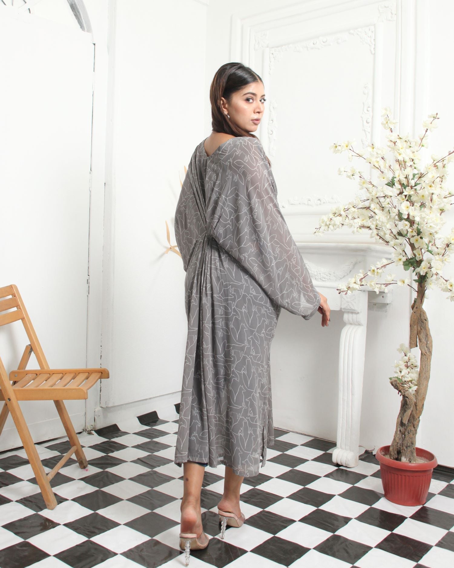 Gray and White Silk Kaftan