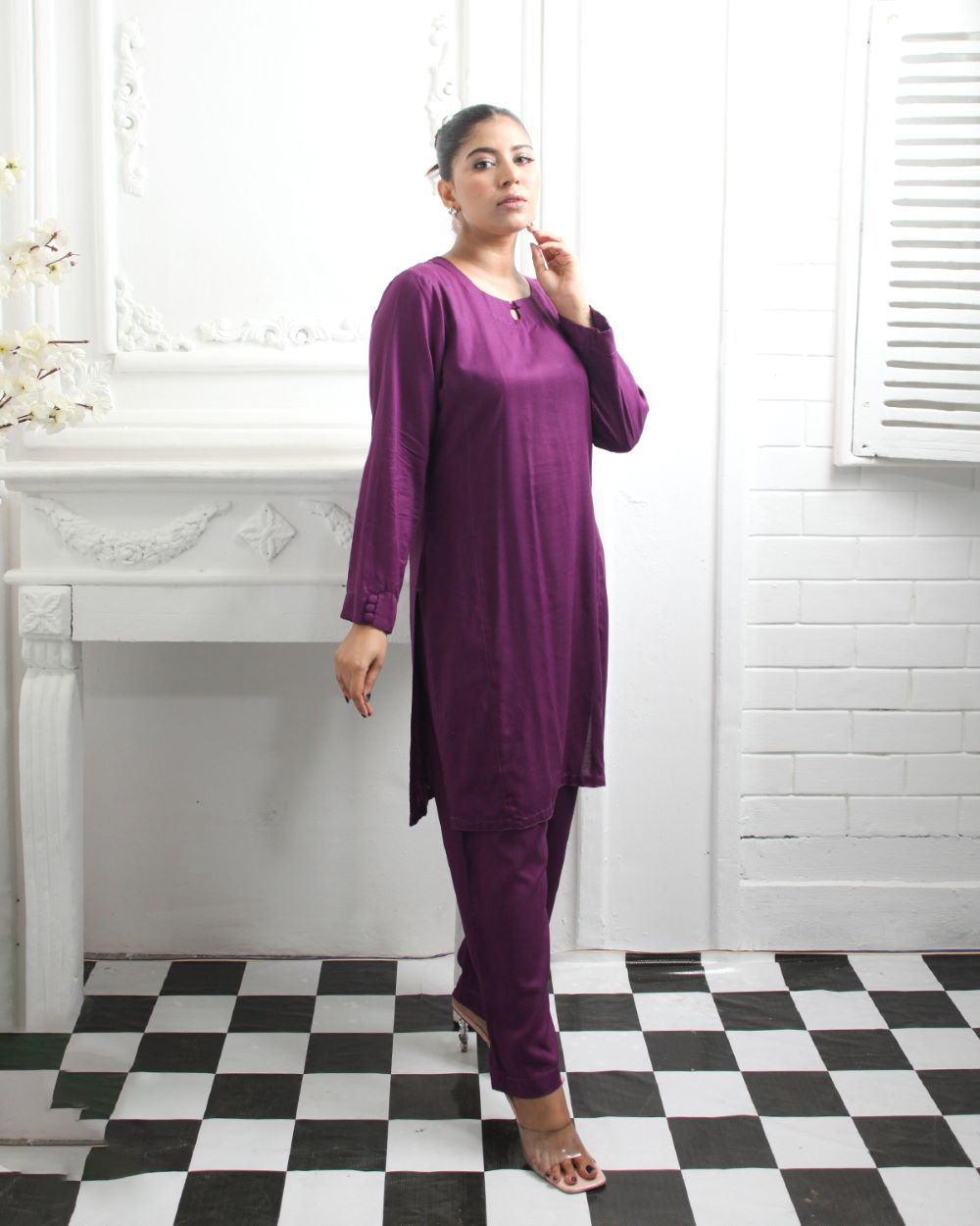 Linen Plum Two-Piece Indian Suit for Women