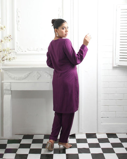 Linen Plum Two-Piece Indian Suit for Women