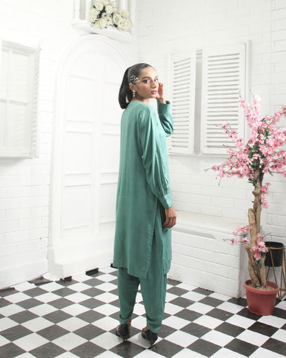 Linen Two-Piece Suit in Turquoise for Women