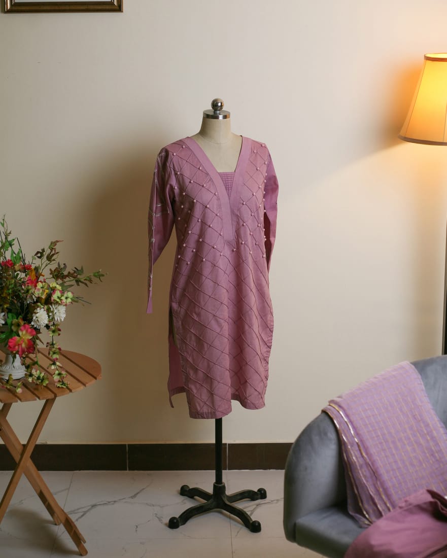 Pearl-Embellished Kankar Pleat Kankar Pleat Cotton Dress