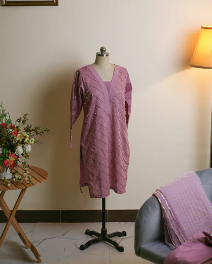Pearl-Embellished Kankar Pleat Kankar Pleat Cotton Dress